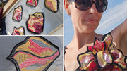 Close-up collage showing hand-embroidered sequin brooches in progress on frame and a woman wearing a large, colourful brooch on her dress outdoors